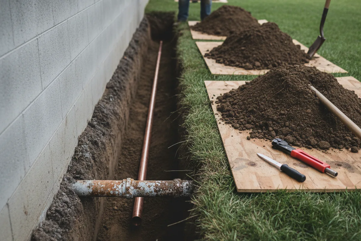 Excavated water line trench during Sewer Line Repair in Methuen